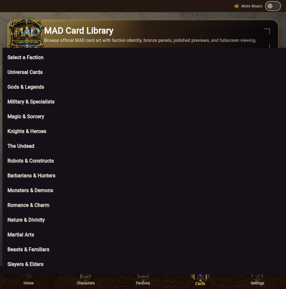 MAD Card Library screen showing the faction selection list