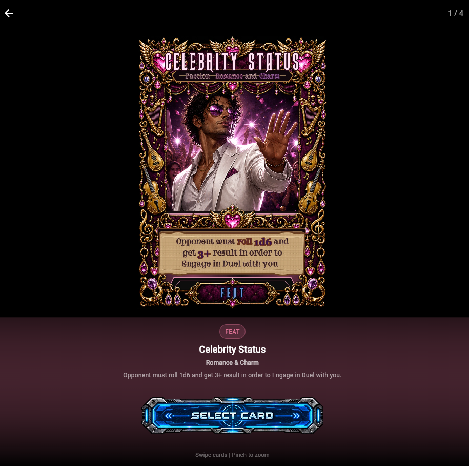 Celebrity Status Feat card from the Romance and Charm faction shown full screen