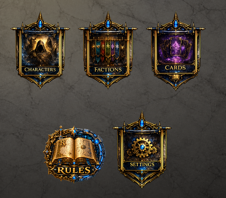 App menu banners for Characters, Factions, Cards, Rules and Settings