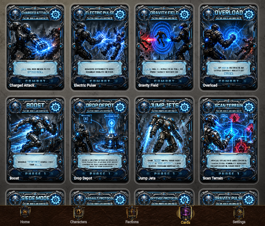 Robots and Constructs faction combat ability cards in the MAD Card Library