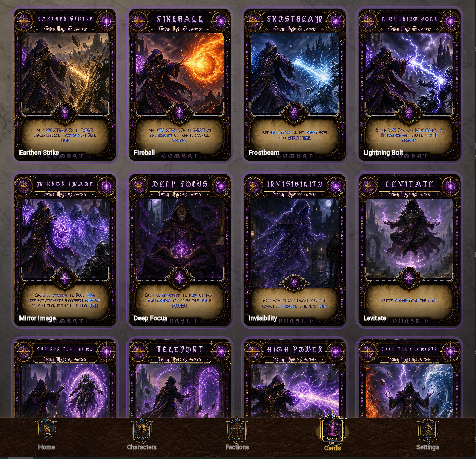 Magic and Sorcery faction spell cards such as Fireball, Frostbeam and Levitate