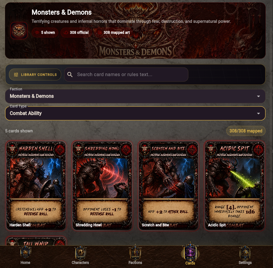 Monsters and Demons faction page with search filters and combat ability cards
